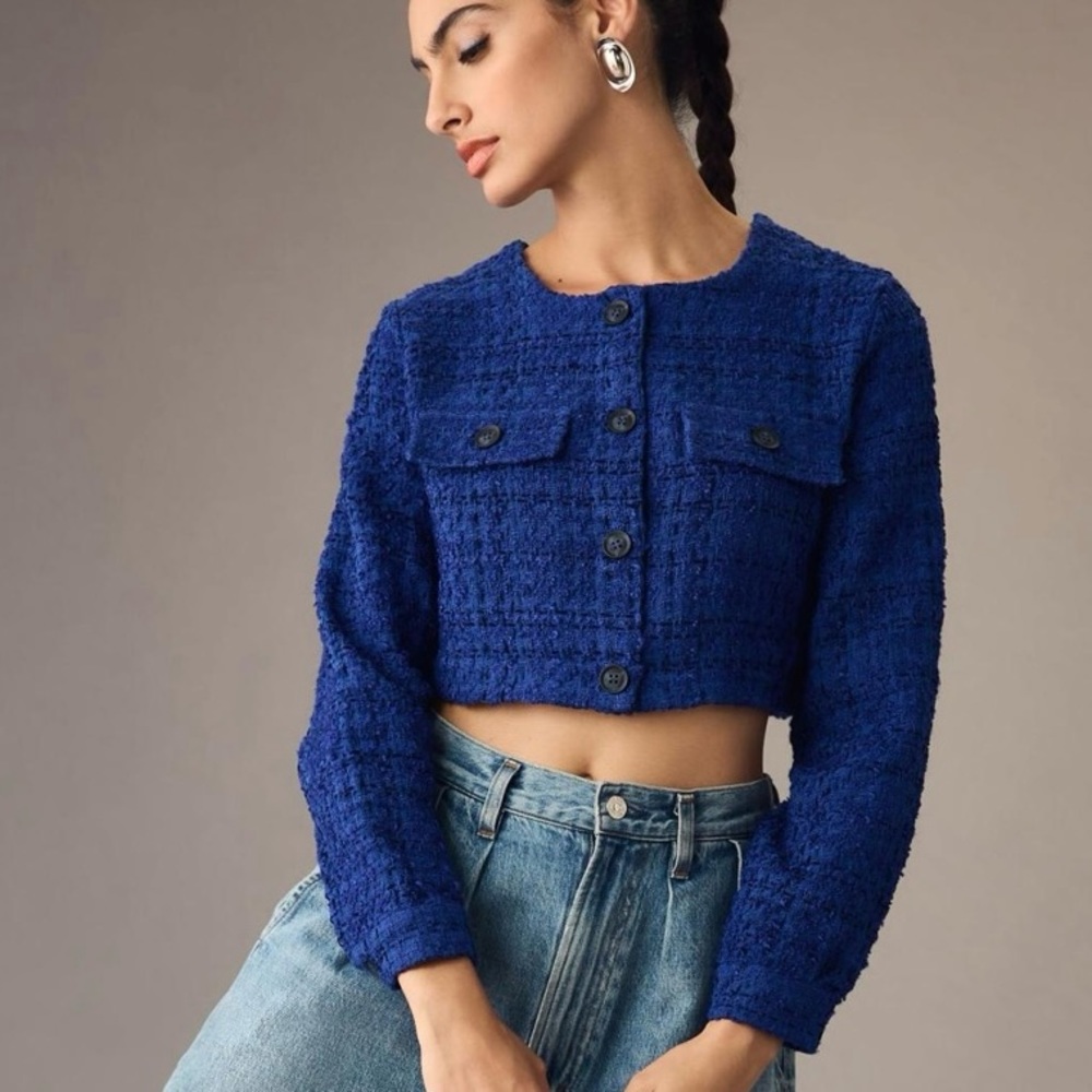 Anthropologie Maeve Cropped Tweed Blazer